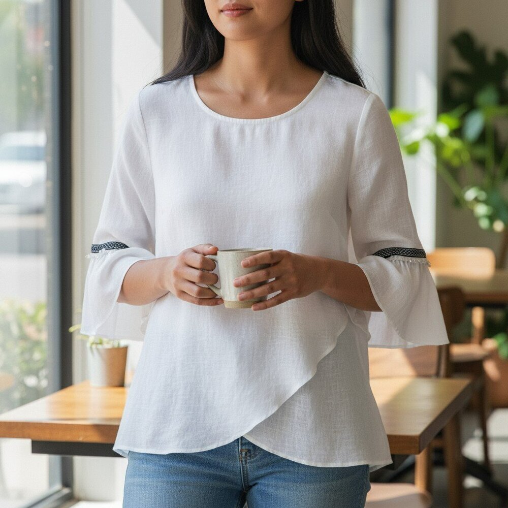 Alyx Womens Large White 3/4 Bell Sleeve Lightweight Bohemian Top Blouse Size L